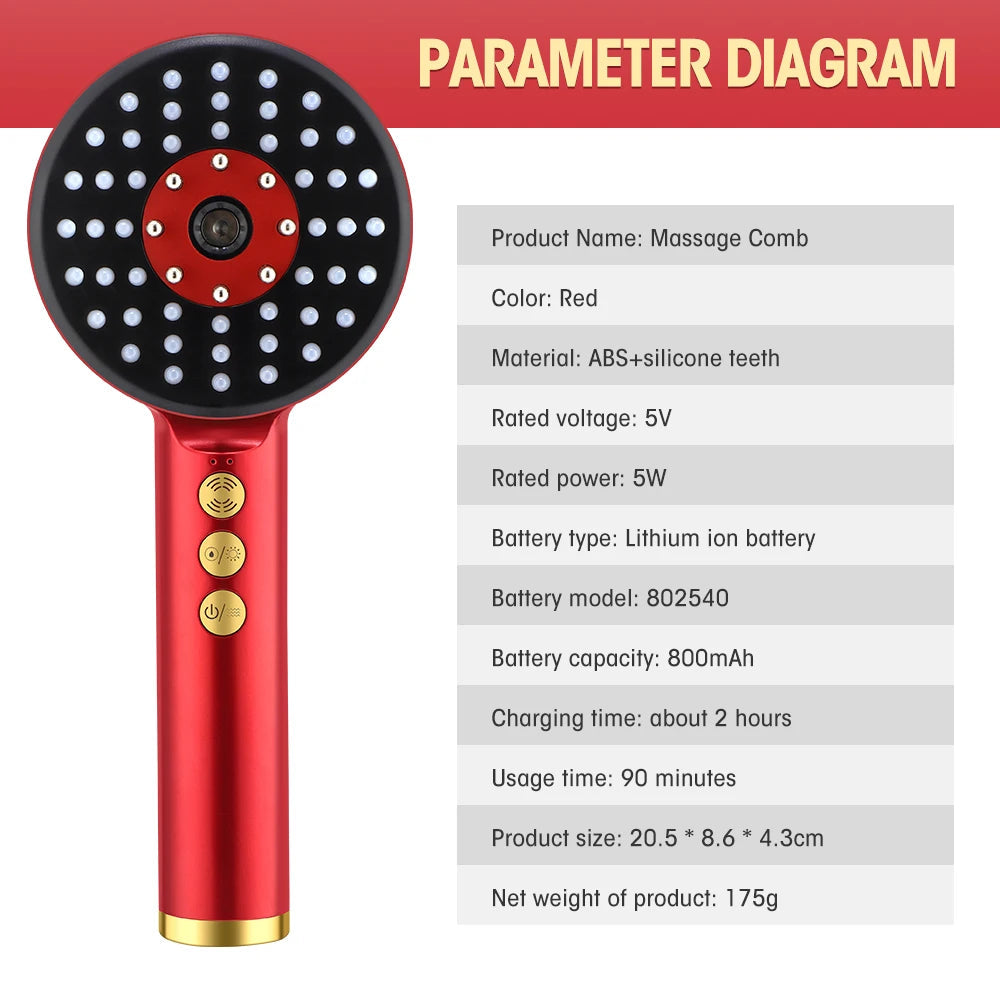 GLOWÉA 3 Modes Portable Electric Massage Comb with Red Light Therapy - GLOWÉA