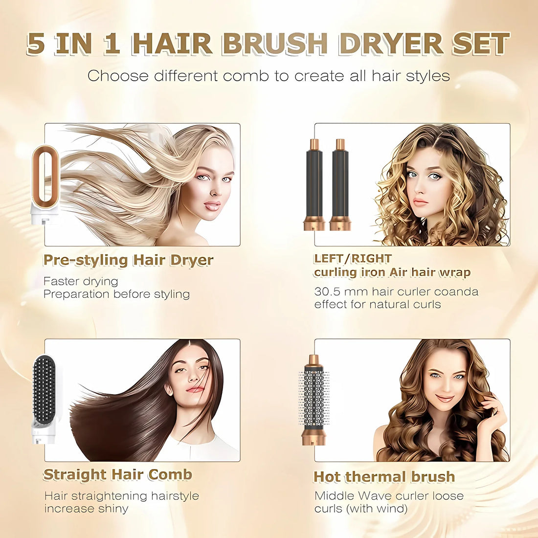GLOWÉA 5-in-1 Hair Dryer Hot Air Comb & Curler